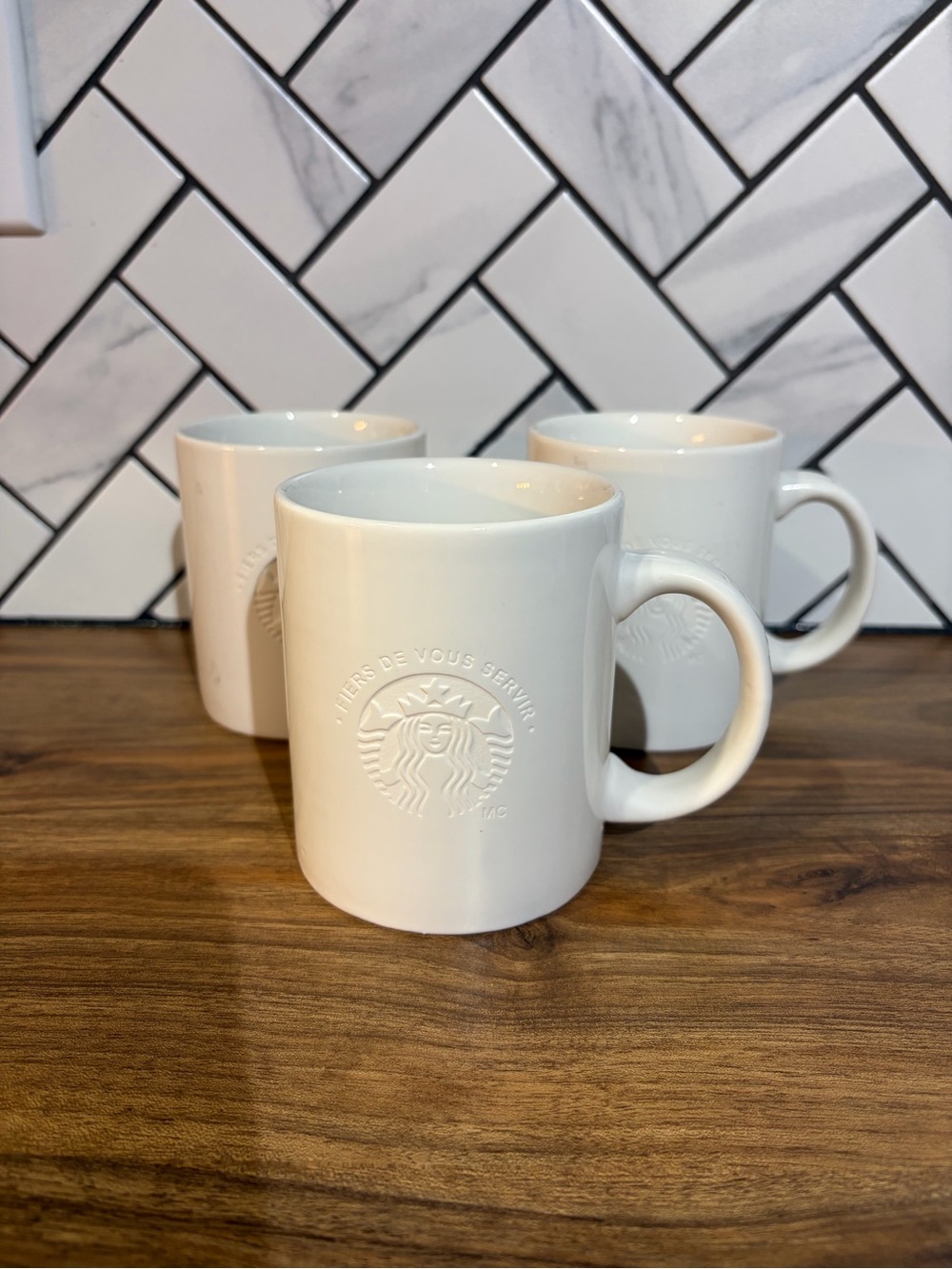 White Embossed Ceramic Coffee Mug - Set of 3